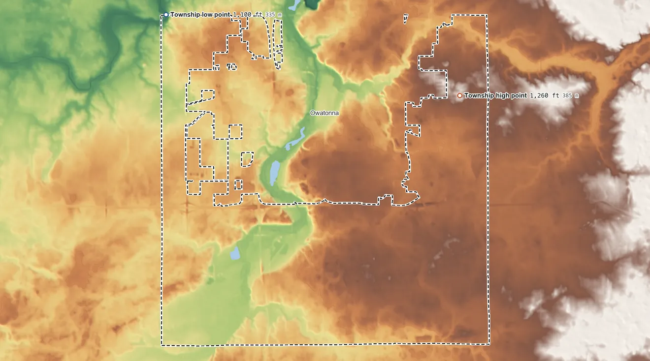 Topographic elevation map of Owatonna Township, Minnesota, shaded from 1,100 ft on the northwest side to 1,260 ft on the northeast side