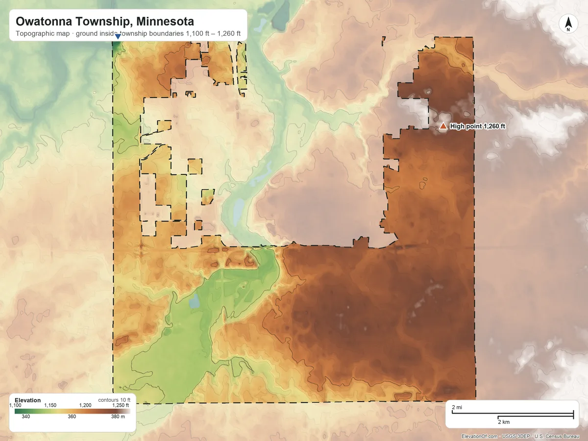 Topographic elevation map of Owatonna Township, Minnesota, shaded from 1,100 ft on the northwest side to 1,260 ft on the northeast side