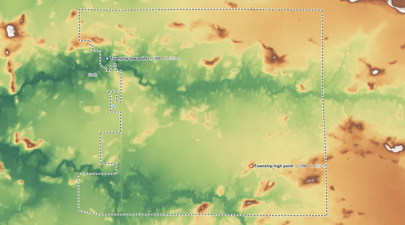 Topographic elevation map of Owens Township, Minnesota, shaded from 1,300 ft on the northwest side to 1,390 ft on the southeast side