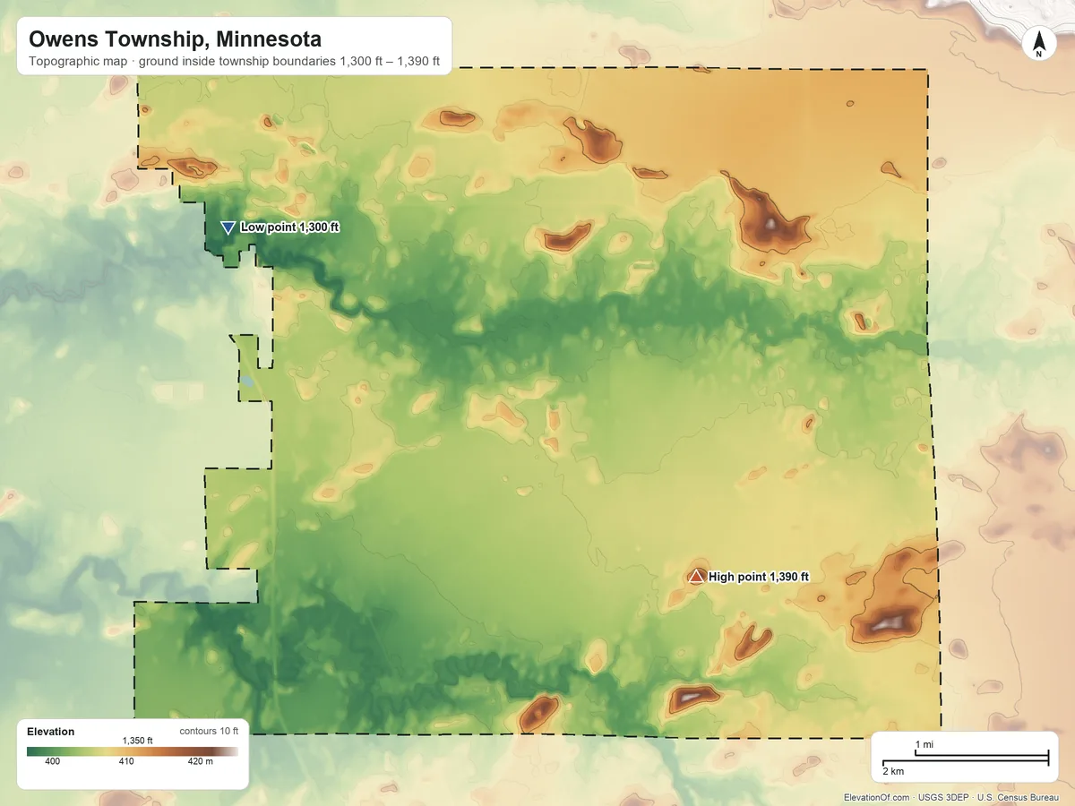 Topographic elevation map of Owens Township, Minnesota, shaded from 1,300 ft on the northwest side to 1,390 ft on the southeast side