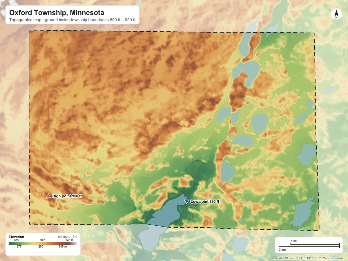 Topographic elevation map of Oxford Township, Minnesota, shaded from 890 ft on the southeast side to 950 ft on the southwest side
