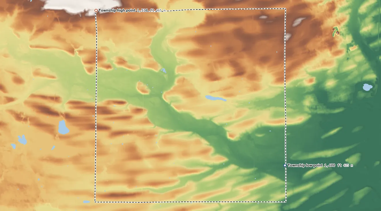 Topographic elevation map of Paddock Township, Minnesota, shaded from 1,400 ft on the southeast side to 1,530 ft on the northwest side