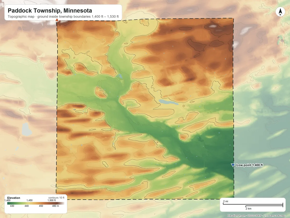 Topographic elevation map of Paddock Township, Minnesota, shaded from 1,400 ft on the southeast side to 1,530 ft on the northwest side