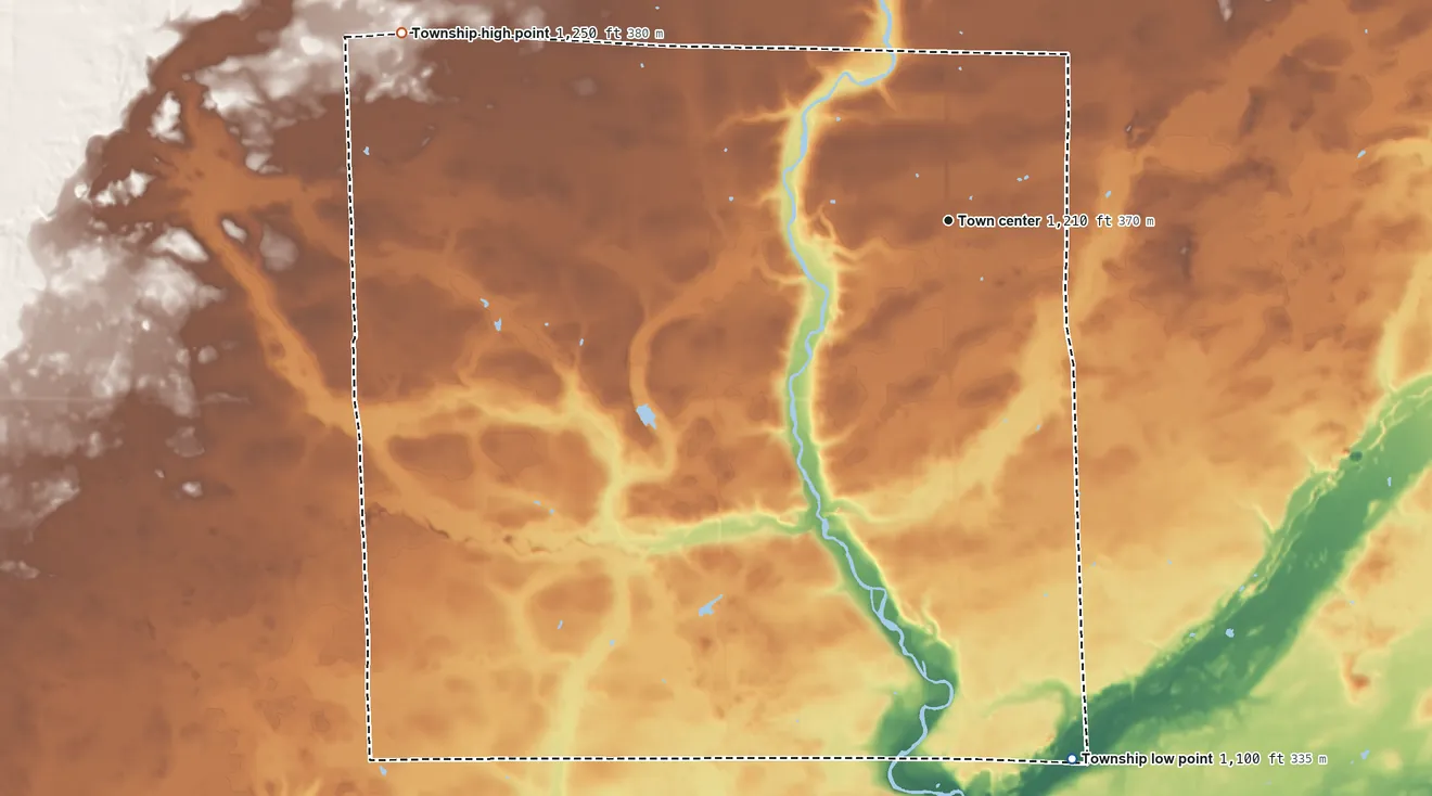 Topographic elevation map of Page Township, Minnesota, shaded from 1,100 ft on the south side to 1,250 ft on the west side