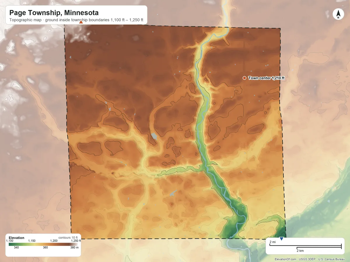 Topographic elevation map of Page Township, Minnesota, shaded from 1,100 ft on the south side to 1,250 ft on the west side
