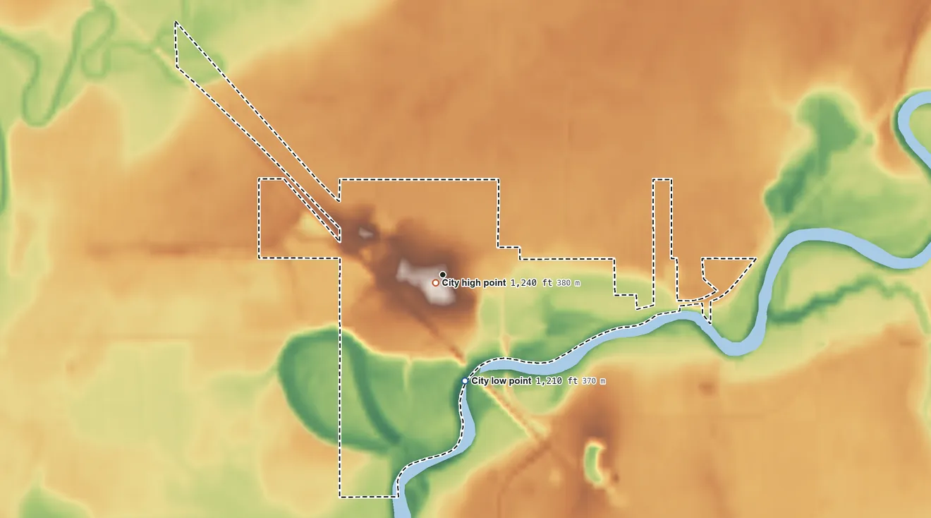 Topographic elevation map of Palisade, Minnesota, shaded from 1,210 ft on the south side to 1,240 ft near the middle