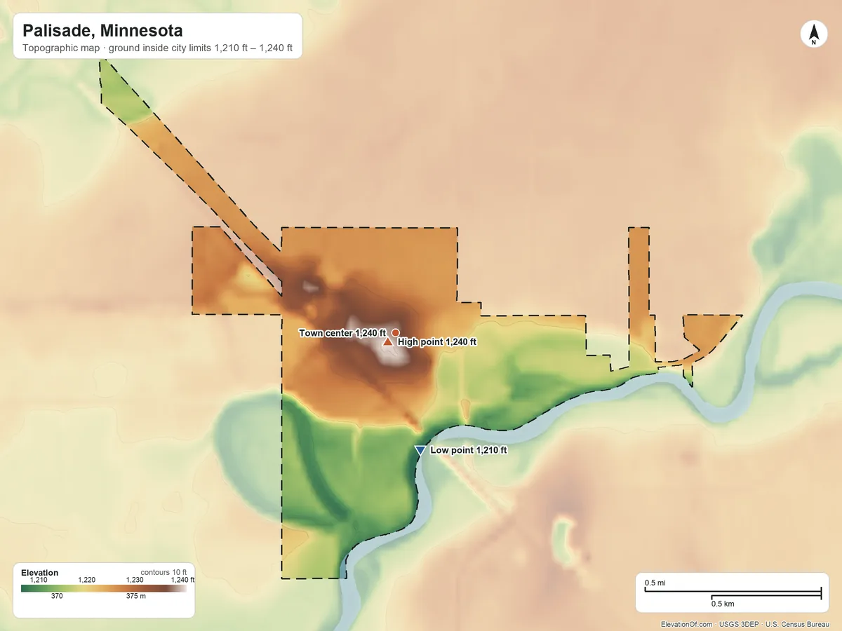 Topographic elevation map of Palisade, Minnesota, shaded from 1,210 ft on the south side to 1,240 ft near the middle