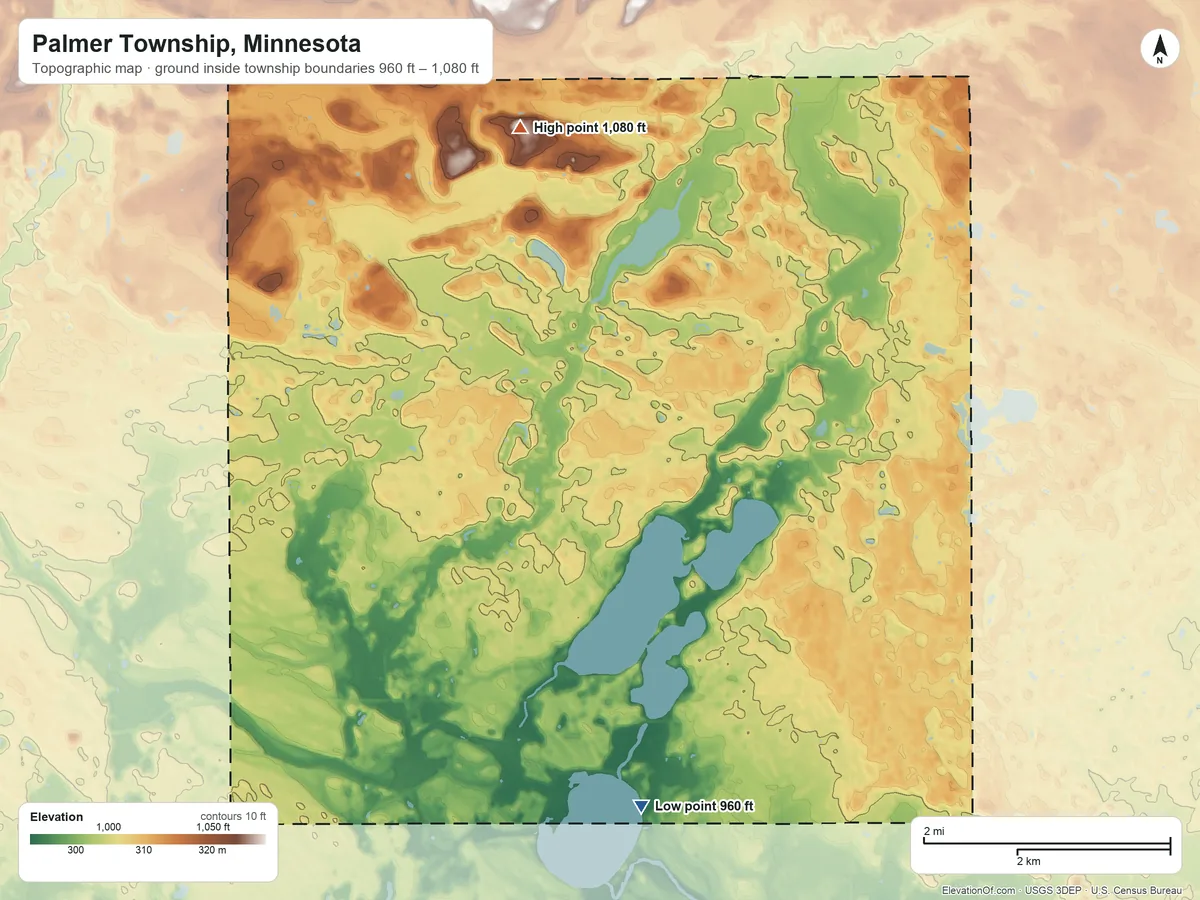 Topographic elevation map of Palmer Township, Minnesota, shaded from 960 ft on the south side to 1,080 ft on the north side