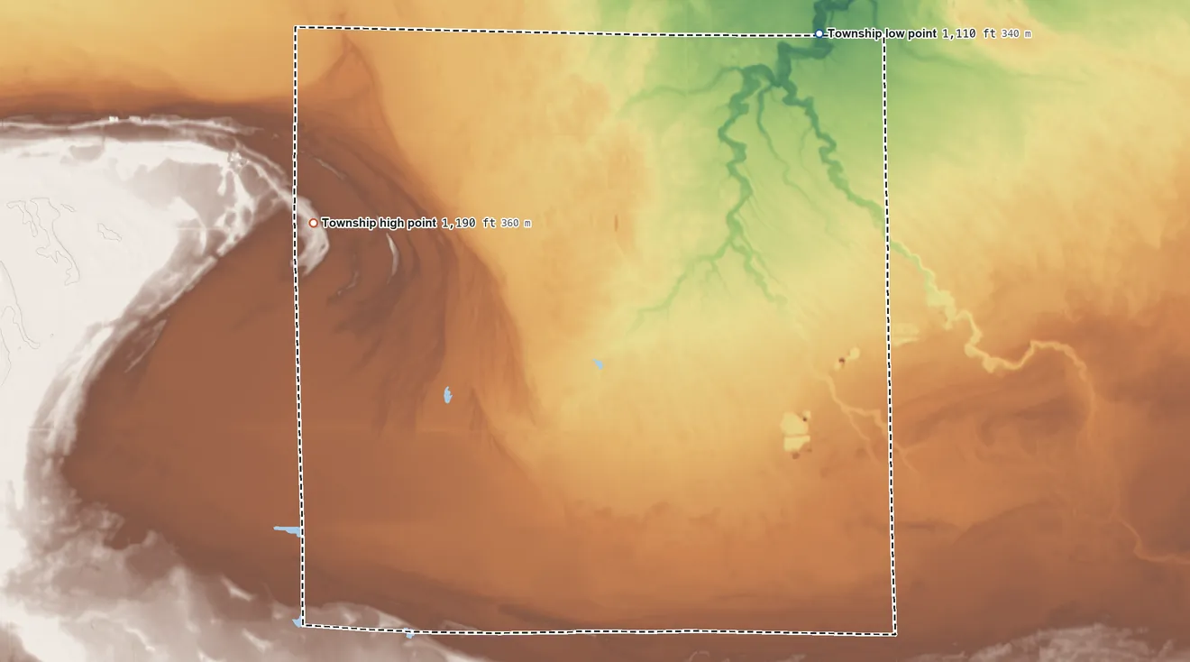 Topographic elevation map of Palmville Township, Minnesota, shaded from 1,110 ft on the northeast side to 1,190 ft on the west side
