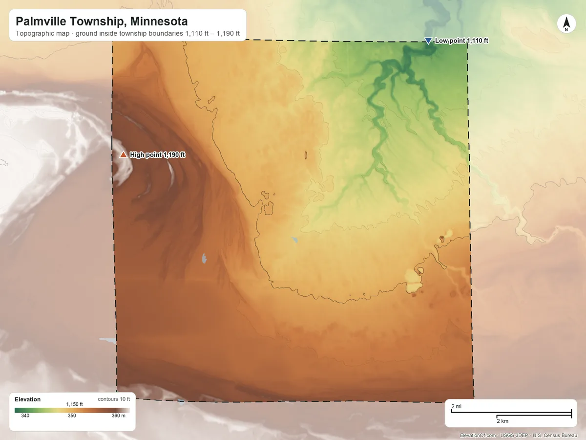 Topographic elevation map of Palmville Township, Minnesota, shaded from 1,110 ft on the northeast side to 1,190 ft on the west side