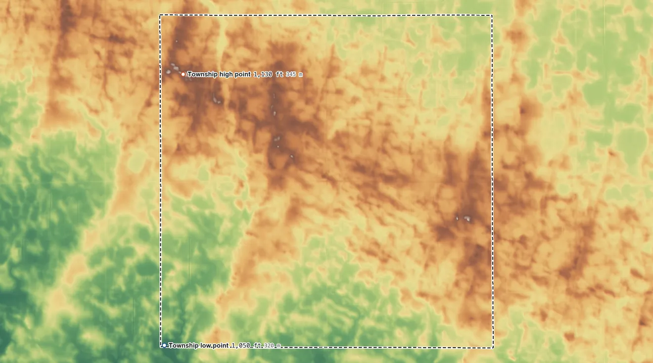 Topographic elevation map of Palmyra Township, Minnesota, shaded from 1,050 ft on the southwest side to 1,130 ft on the northwest side