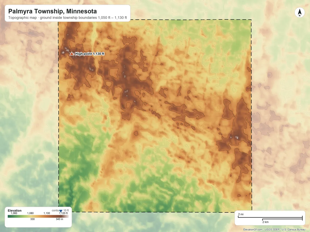 Topographic elevation map of Palmyra Township, Minnesota, shaded from 1,050 ft on the southwest side to 1,130 ft on the northwest side