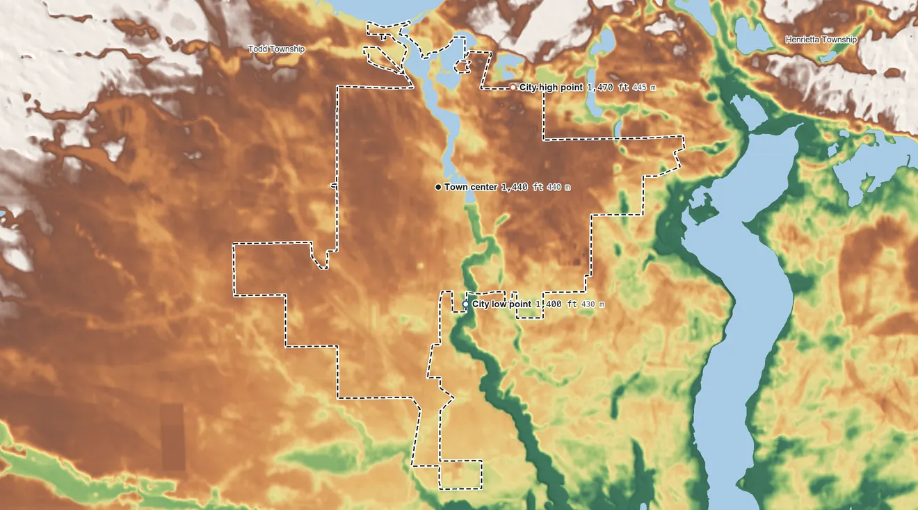 Topographic elevation map of Park Rapids, Minnesota, shaded from 1,400 ft on the south side to 1,470 ft on the northeast side