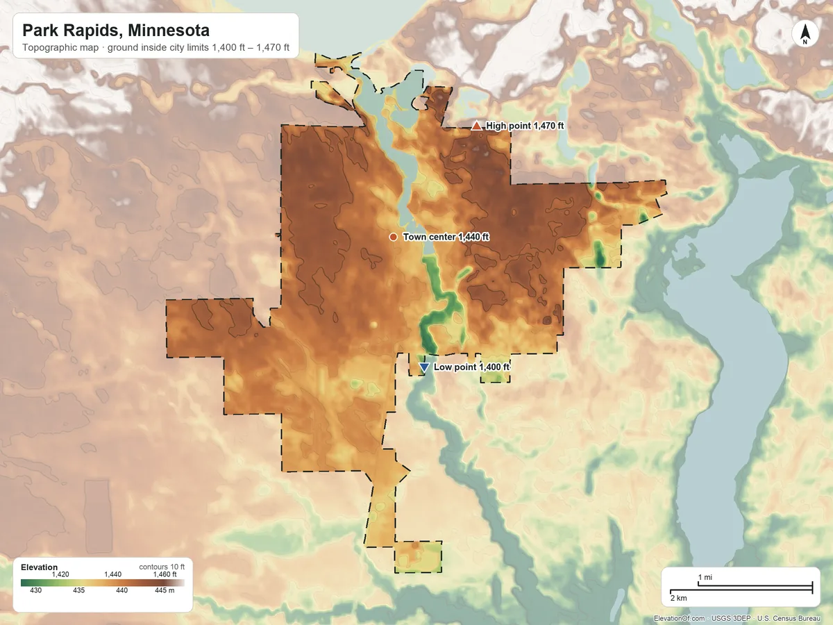 Topographic elevation map of Park Rapids, Minnesota, shaded from 1,400 ft on the south side to 1,470 ft on the northeast side