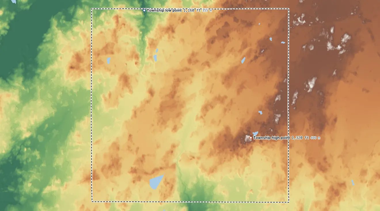 Topographic elevation map of Park Township, Minnesota, shaded from 1,160 ft on the north side to 1,320 ft on the east side