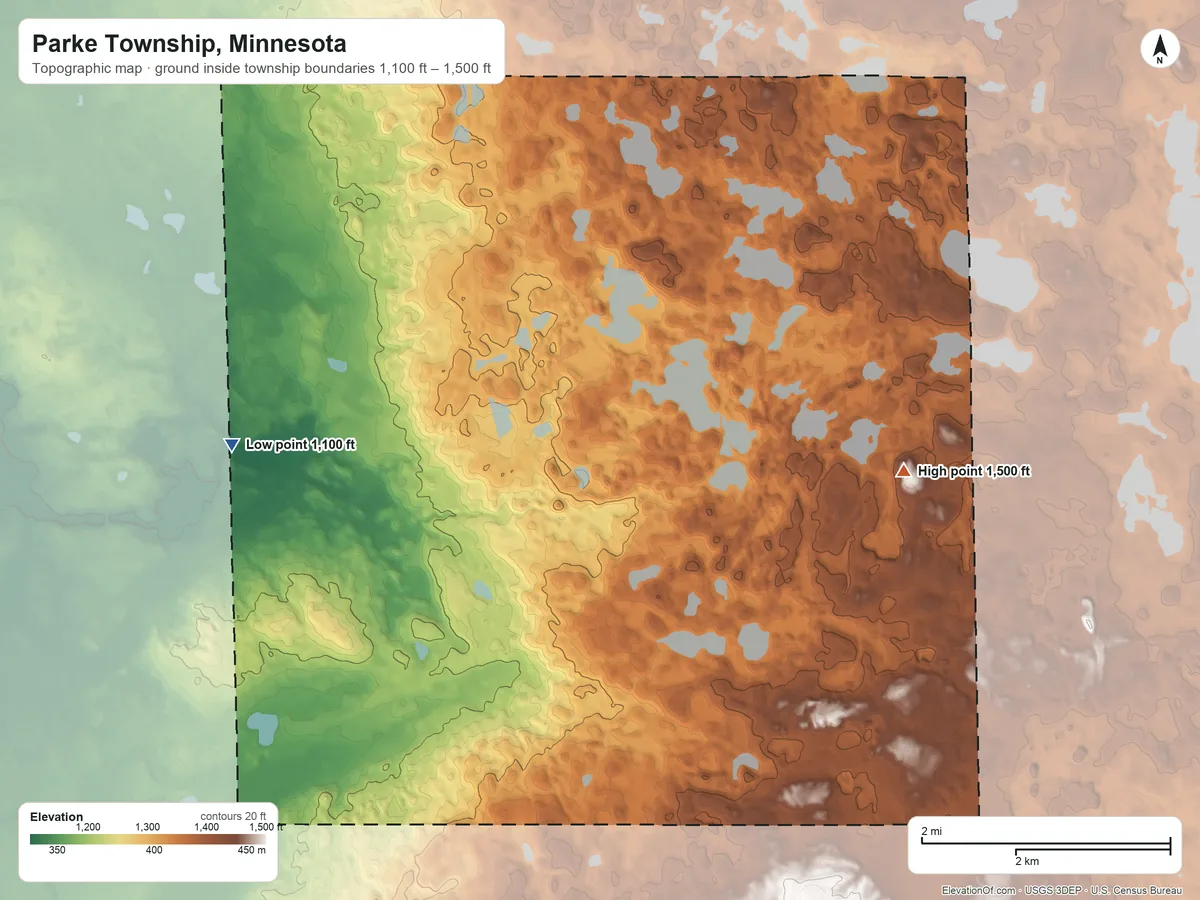 Topographic elevation map of Parke Township, Minnesota, shaded from 1,100 ft on the west side to 1,500 ft on the east side