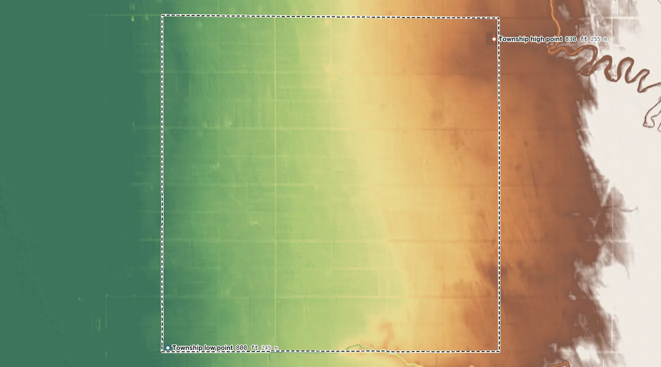 Topographic elevation map of Parker Township, Marshall County, Minnesota, shaded from 800 ft on the southwest side to 830 ft on the east side