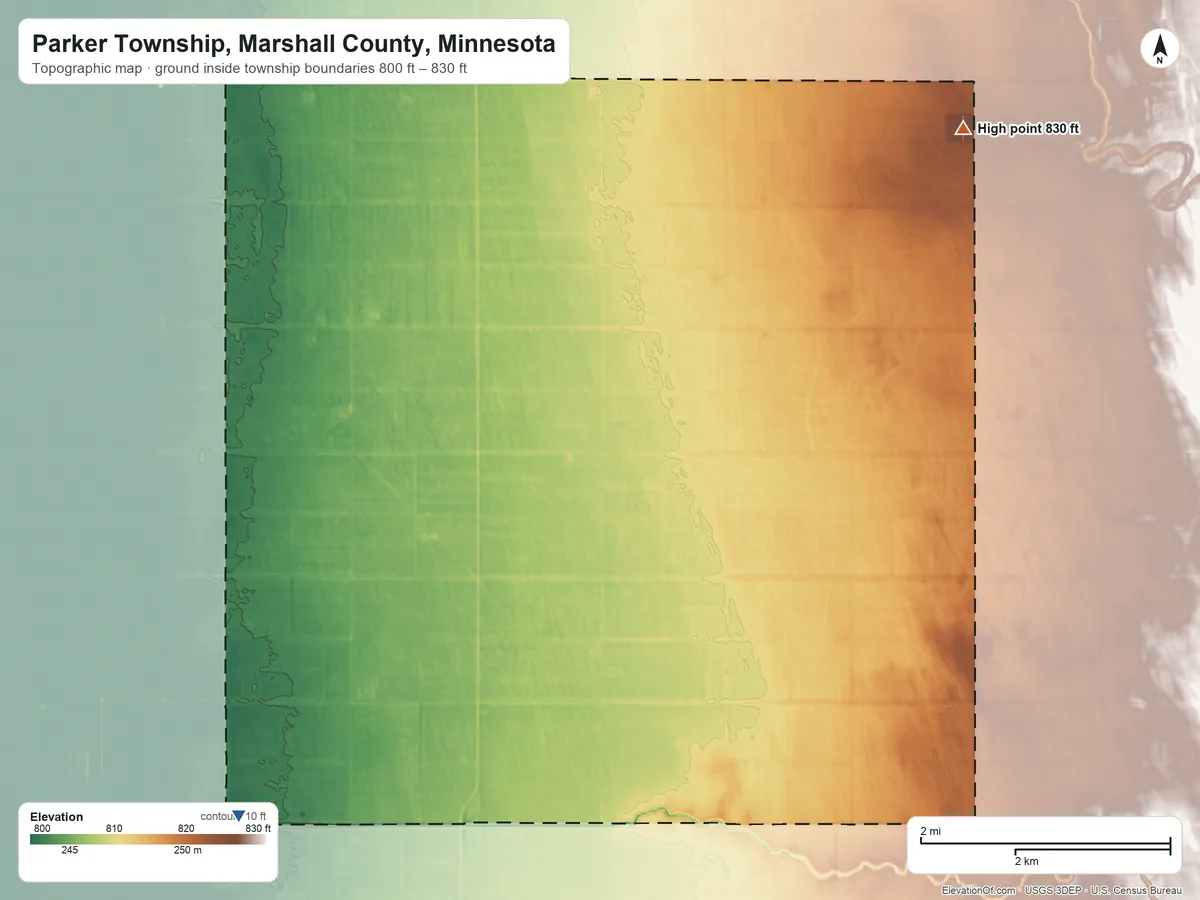 Topographic elevation map of Parker Township, Marshall County, Minnesota, shaded from 800 ft on the southwest side to 830 ft on the east side