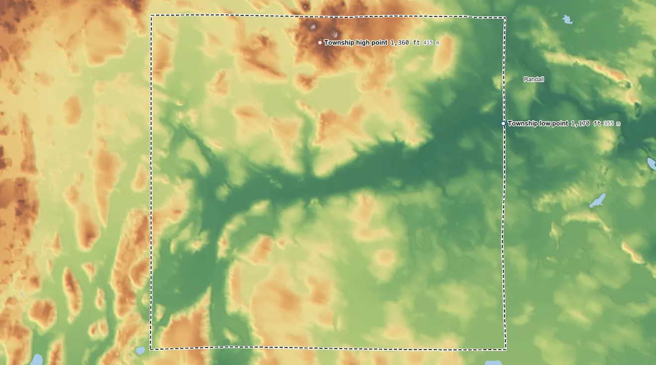 Topographic elevation map of Parker Township, Minnesota, shaded from 1,170 ft on the east side to 1,360 ft on the north side