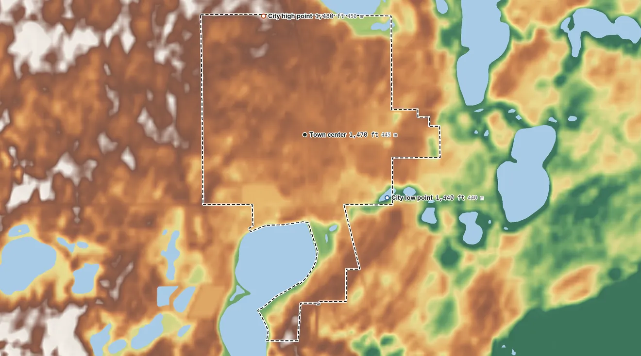 Topographic elevation map of Parkers Prairie, Minnesota, shaded from 1,440 ft on the southeast side to 1,480 ft on the north side