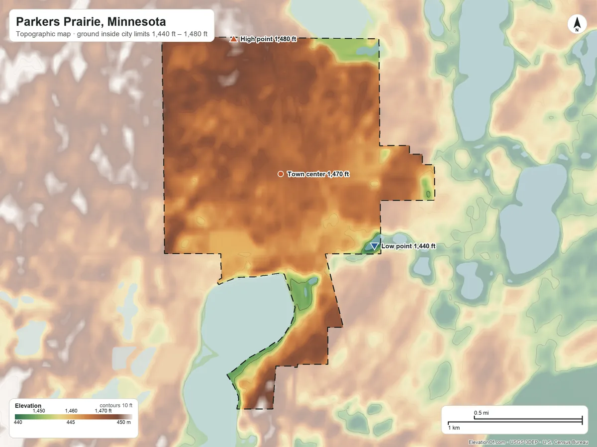 Topographic elevation map of Parkers Prairie, Minnesota, shaded from 1,440 ft on the southeast side to 1,480 ft on the north side