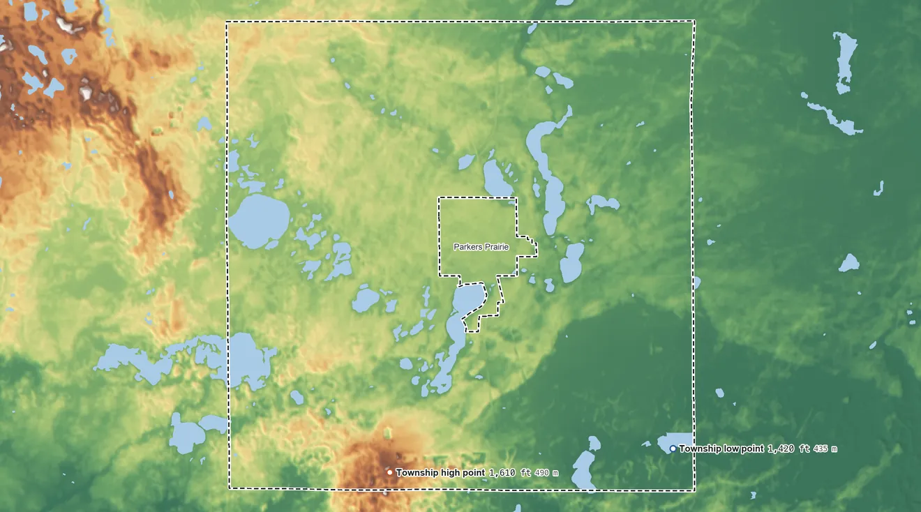 Topographic elevation map of Parkers Prairie Township, Minnesota, shaded from 1,420 ft on the southeast side to 1,610 ft on the southwest side