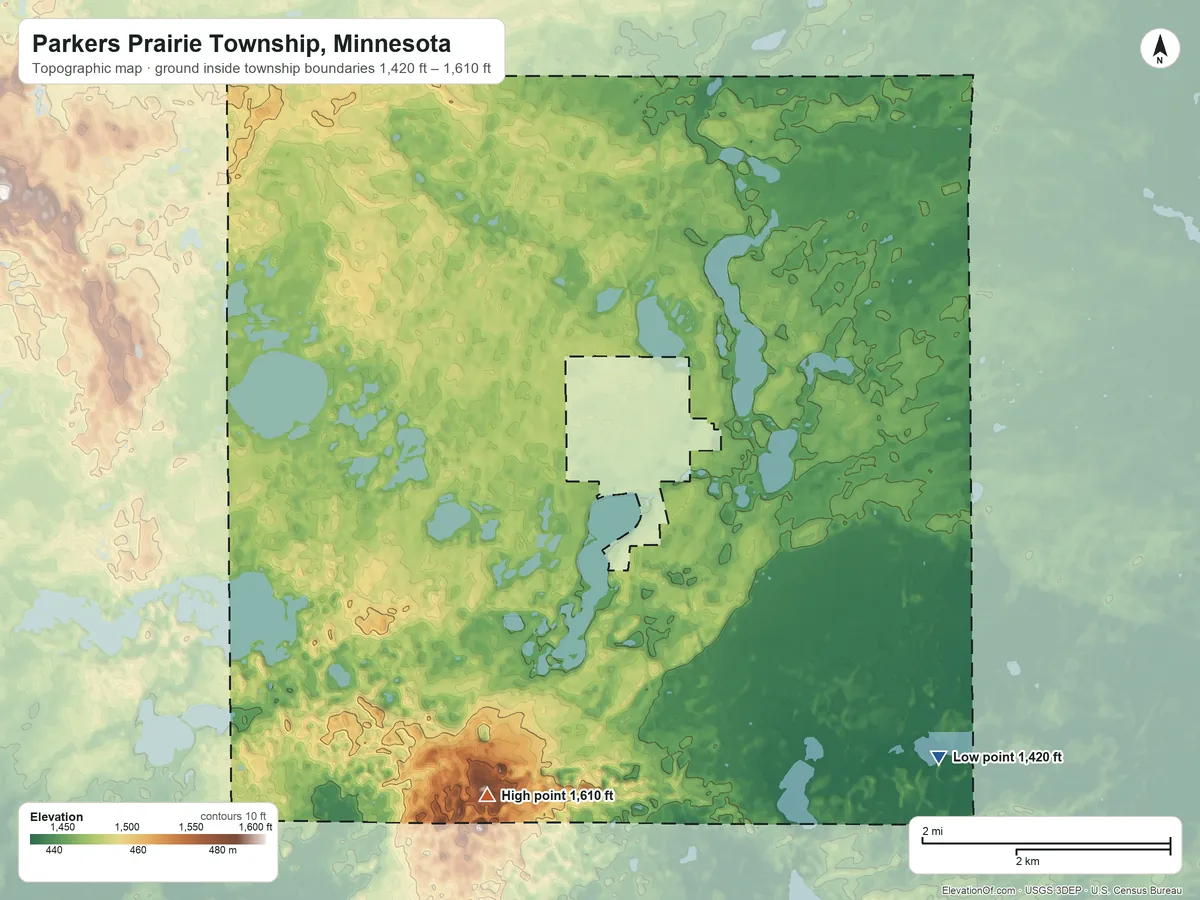Topographic elevation map of Parkers Prairie Township, Minnesota, shaded from 1,420 ft on the southeast side to 1,610 ft on the southwest side
