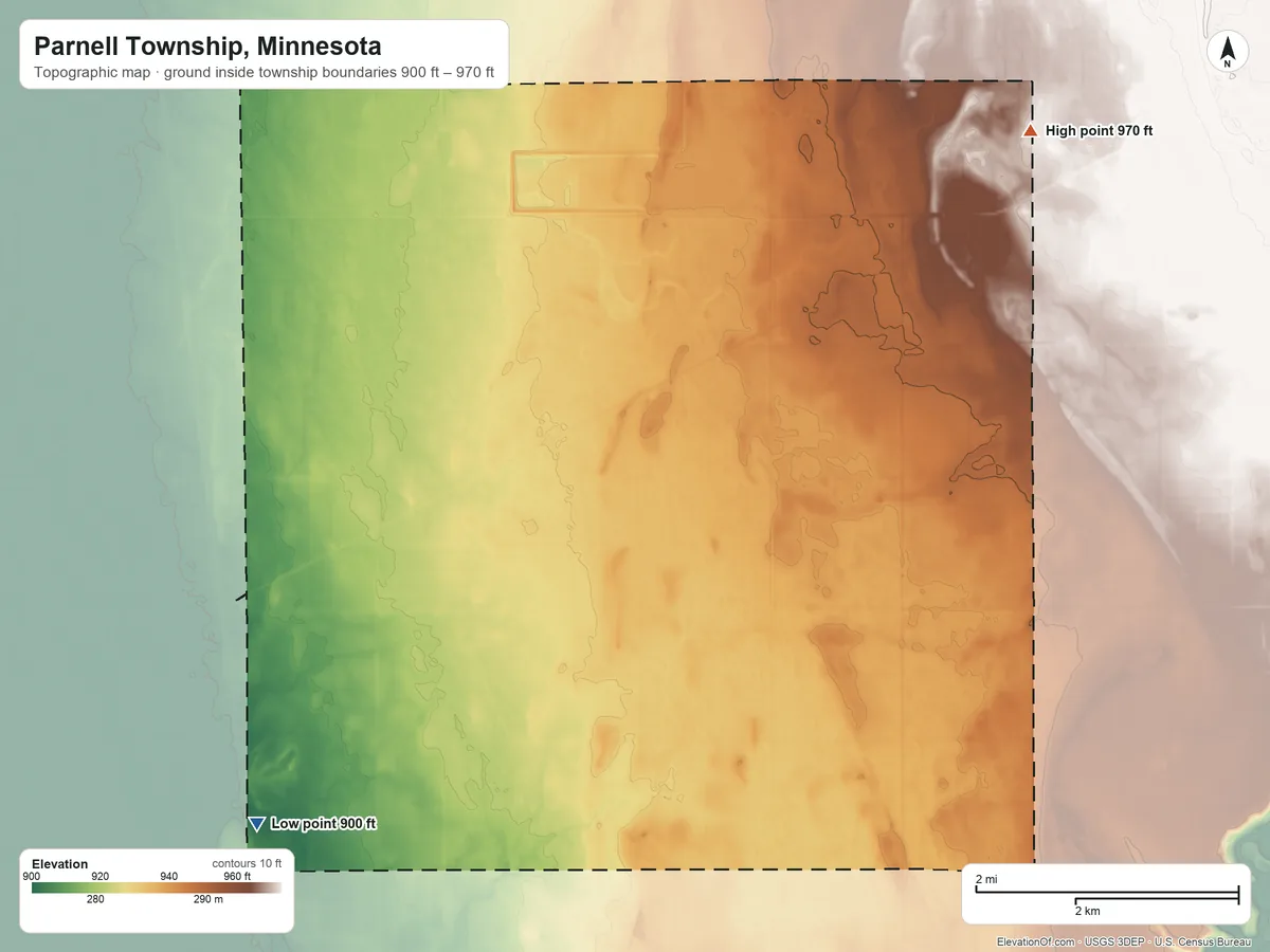 Topographic elevation map of Parnell Township, Minnesota, shaded from 900 ft on the southwest side to 970 ft on the northeast side