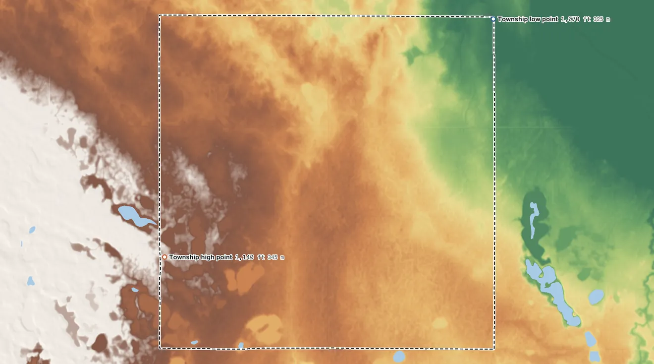 Topographic elevation map of Parnell Township, Traverse County, Minnesota, shaded from 1,070 ft on the northeast side to 1,140 ft on the west side