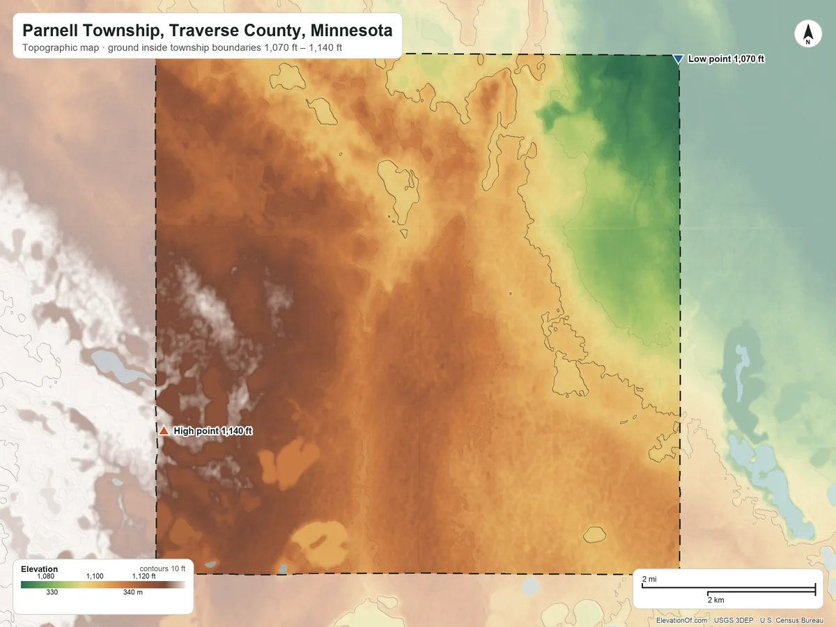 Topographic elevation map of Parnell Township, Traverse County, Minnesota, shaded from 1,070 ft on the northeast side to 1,140 ft on the west side