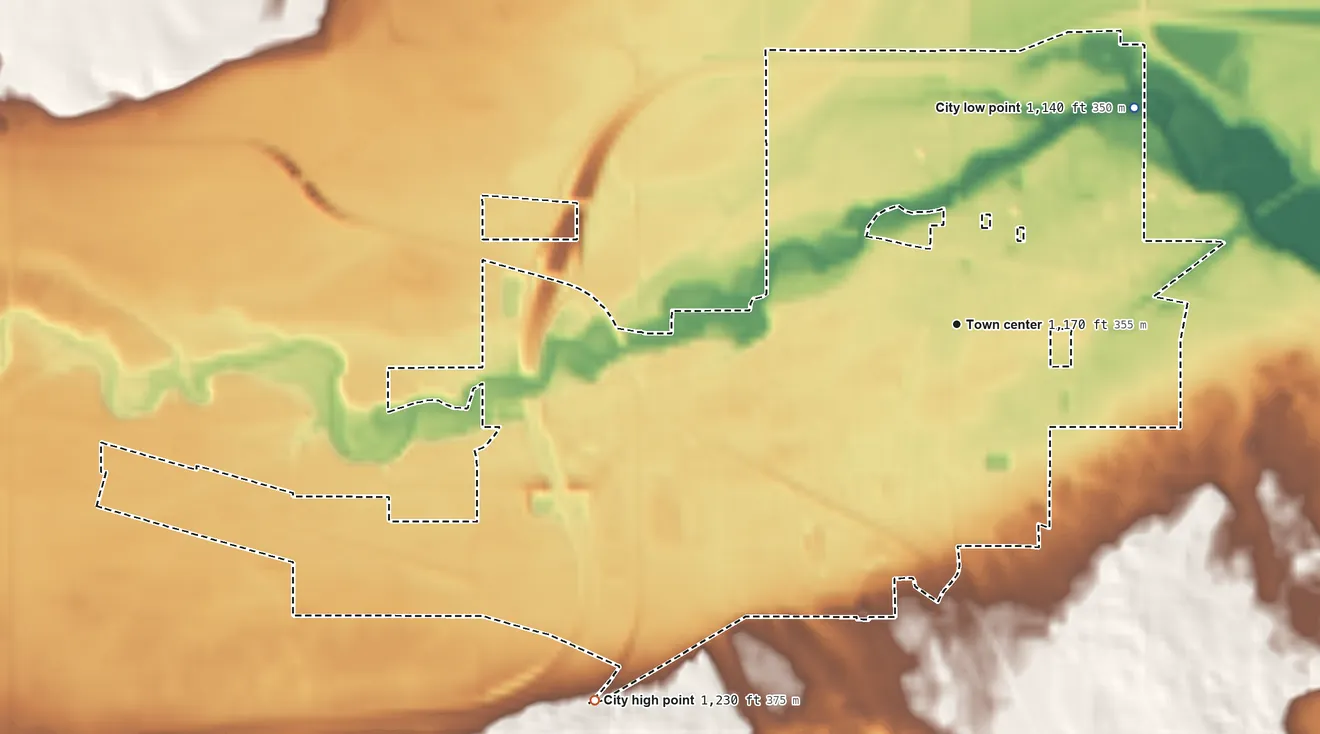 Topographic elevation map of Paynesville, Minnesota, shaded from 1,140 ft on the northeast side to 1,230 ft on the southwest side