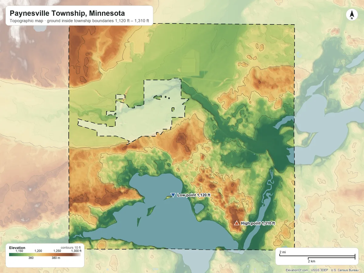 Topographic elevation map of Paynesville Township, Minnesota, shaded from 1,120 ft on the south side to 1,310 ft on the southeast side