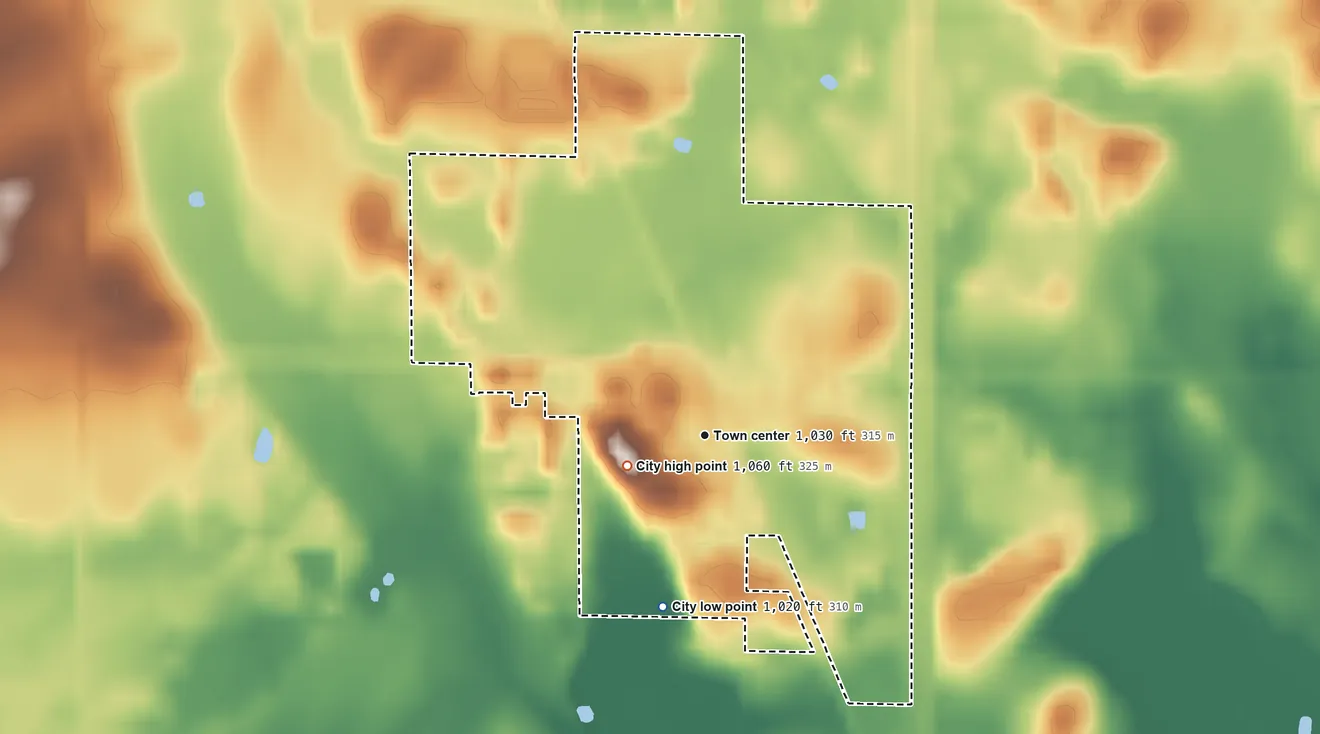 Topographic elevation map of Pease, Minnesota, shaded from 1,020 ft on the south side to 1,060 ft near the middle
