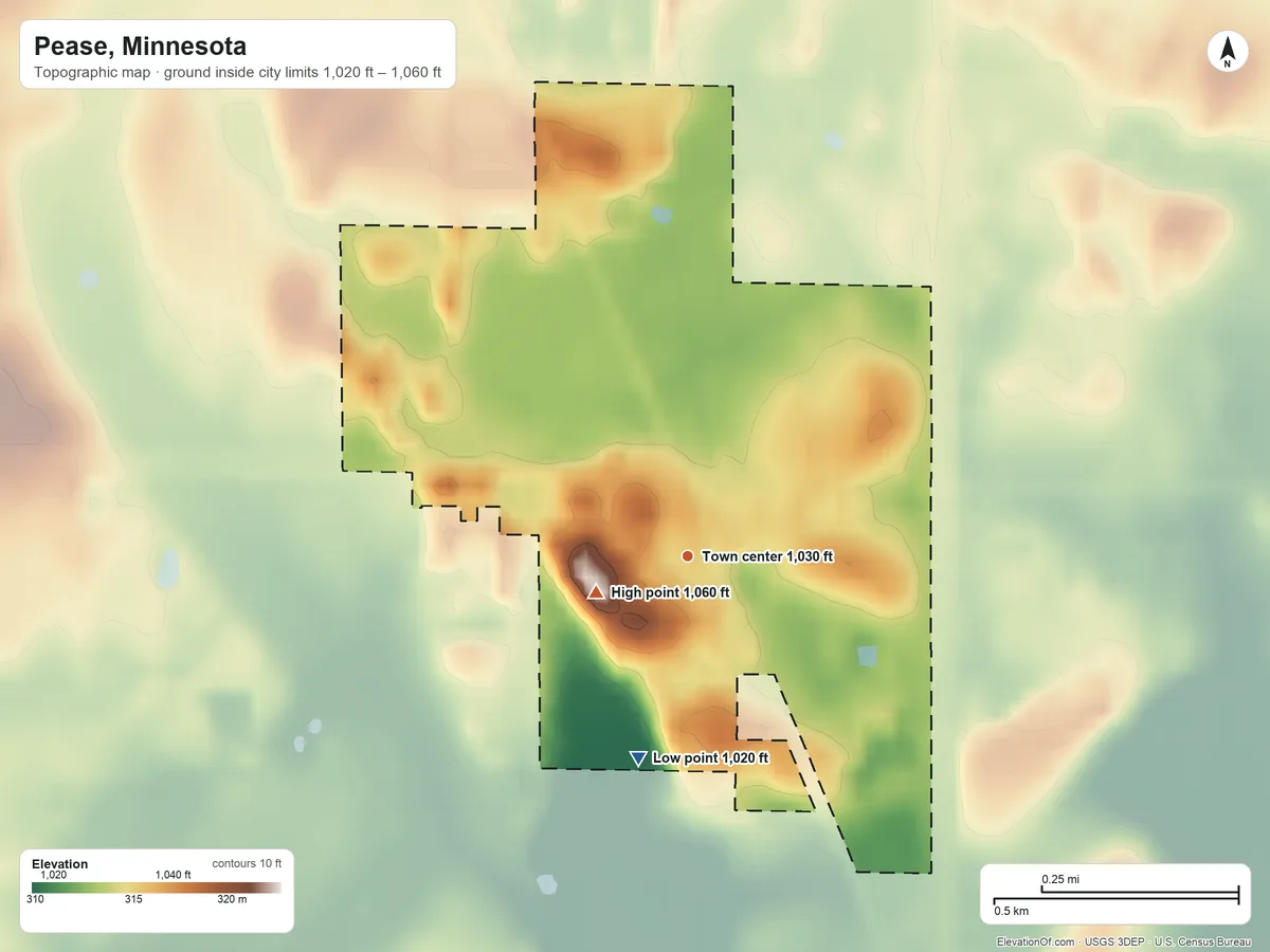 Topographic elevation map of Pease, Minnesota, shaded from 1,020 ft on the south side to 1,060 ft near the middle