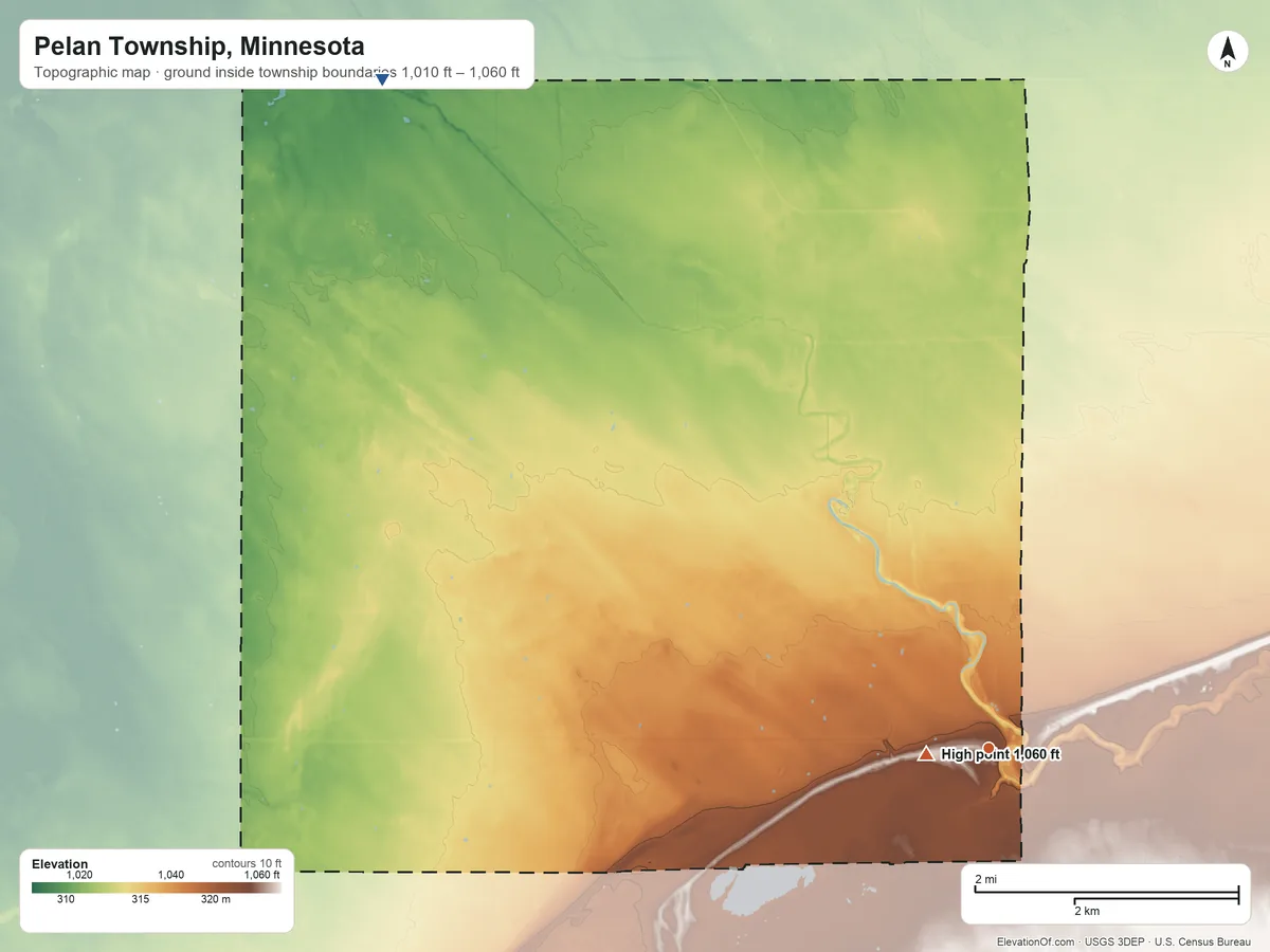 Topographic elevation map of Pelan Township, Minnesota, shaded from 1,010 ft on the northwest side to 1,060 ft near the middle