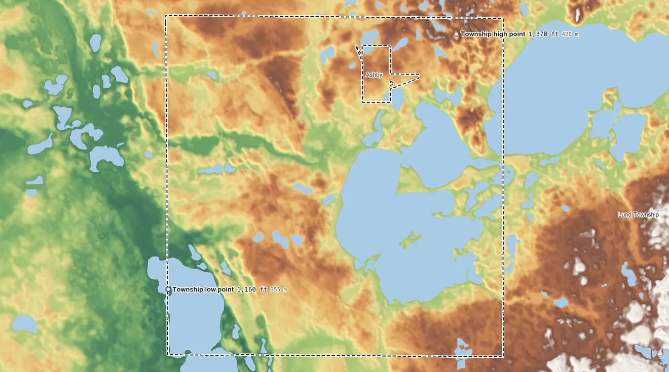 Topographic elevation map of Pelican Lake Township, Minnesota, shaded from 1,160 ft on the southwest side to 1,370 ft on the northeast side