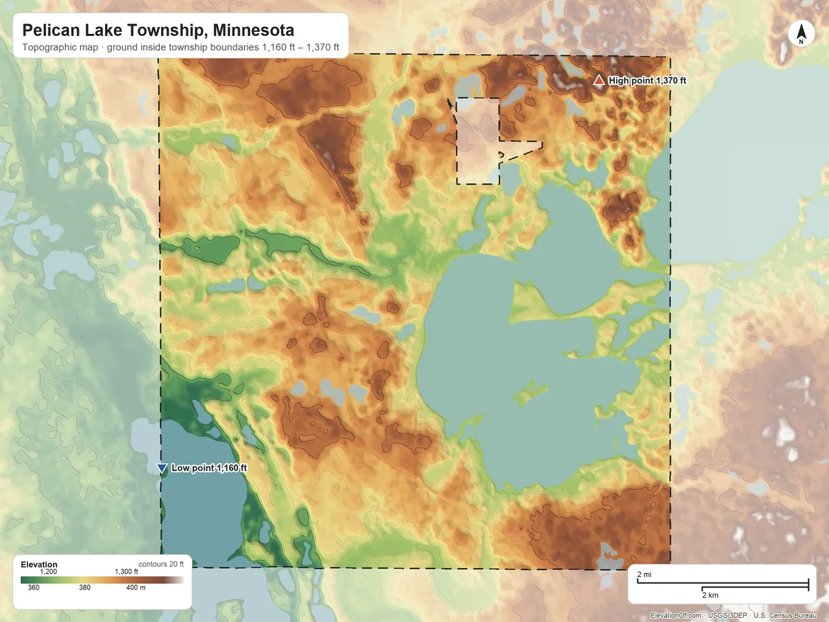 Topographic elevation map of Pelican Lake Township, Minnesota, shaded from 1,160 ft on the southwest side to 1,370 ft on the northeast side