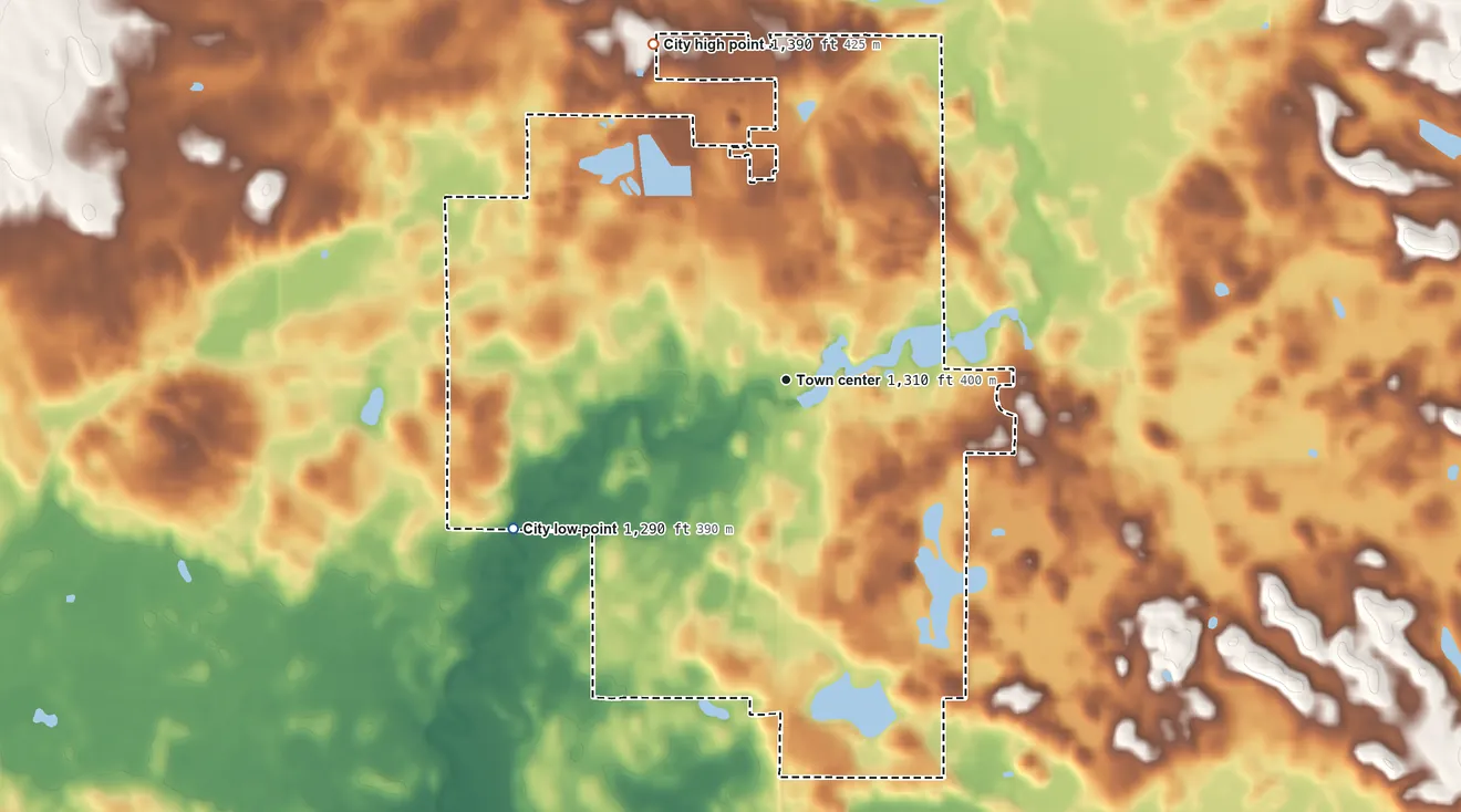 Topographic elevation map of Pelican Rapids, Minnesota, shaded from 1,290 ft on the southwest side to 1,390 ft on the north side