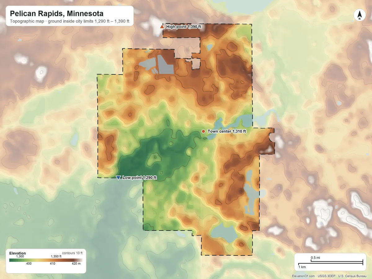 Topographic elevation map of Pelican Rapids, Minnesota, shaded from 1,290 ft on the southwest side to 1,390 ft on the north side