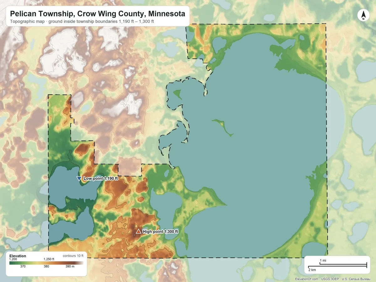 Topographic elevation map of Pelican Township, Crow Wing County, Minnesota, shaded from 1,190 ft on the west side to 1,300 ft on the southwest side