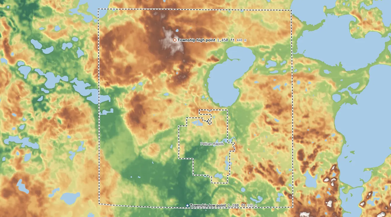 Topographic elevation map of Pelican Township, Minnesota, shaded from 1,280 ft on the southwest side to 1,450 ft on the northwest side