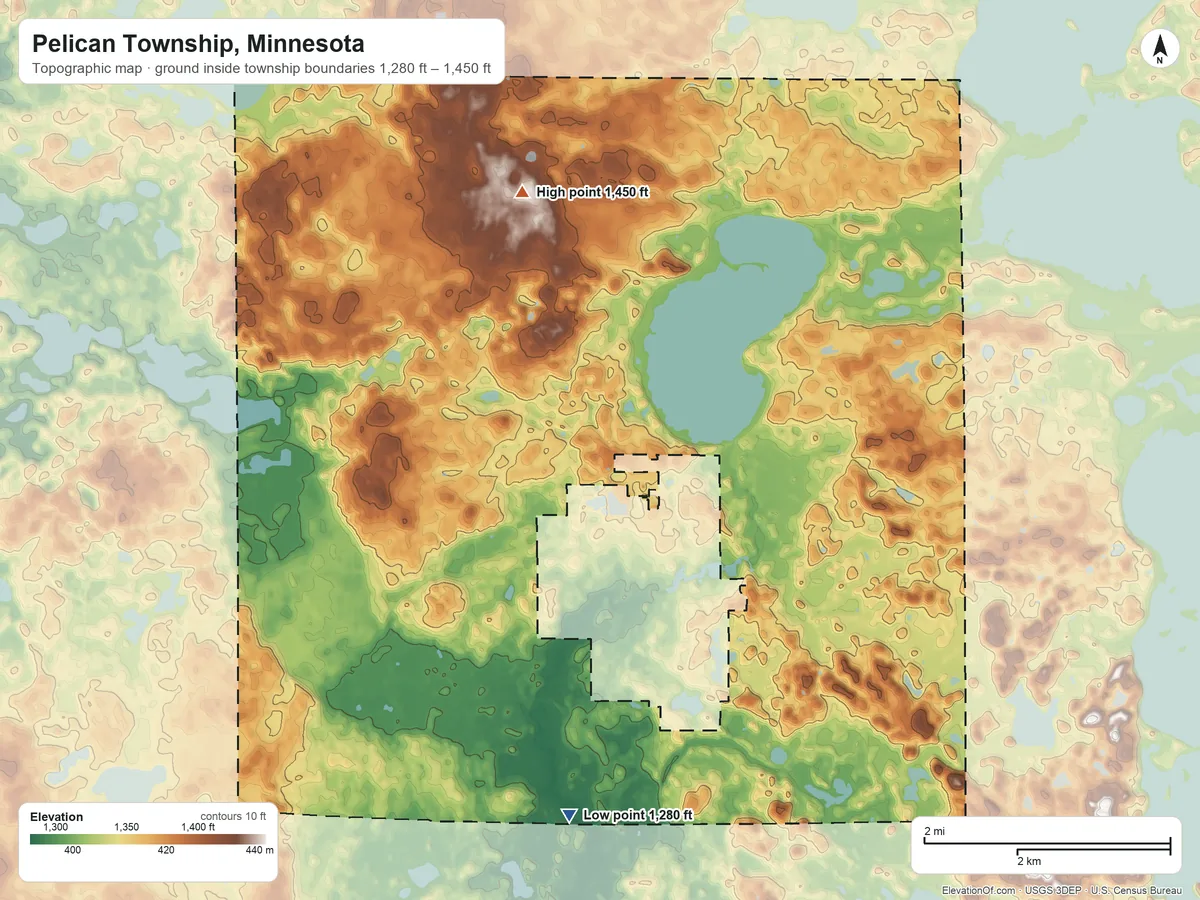 Topographic elevation map of Pelican Township, Minnesota, shaded from 1,280 ft on the southwest side to 1,450 ft on the northwest side