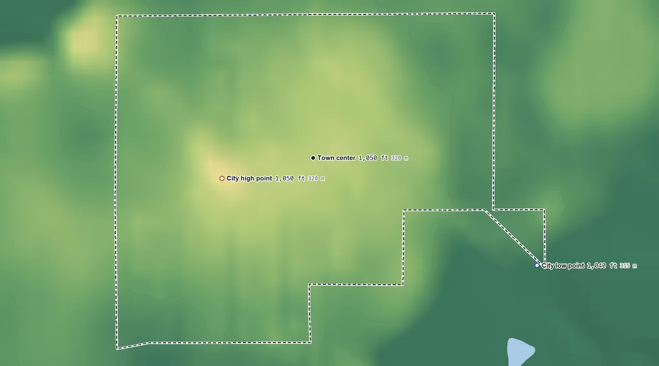 Topographic elevation map of Pemberton, Minnesota, shaded from 1,040 ft on the southeast side to 1,050 ft on the west side