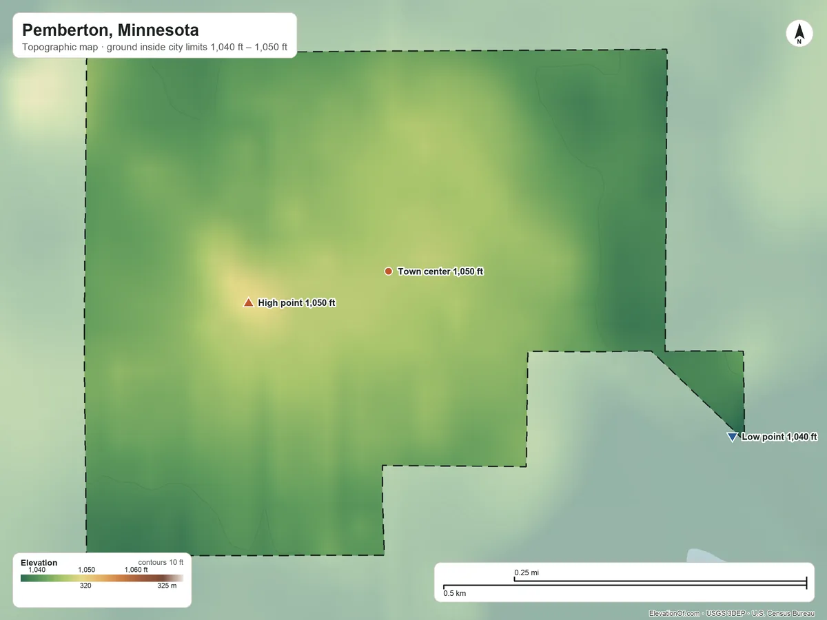 Topographic elevation map of Pemberton, Minnesota, shaded from 1,040 ft on the southeast side to 1,050 ft on the west side