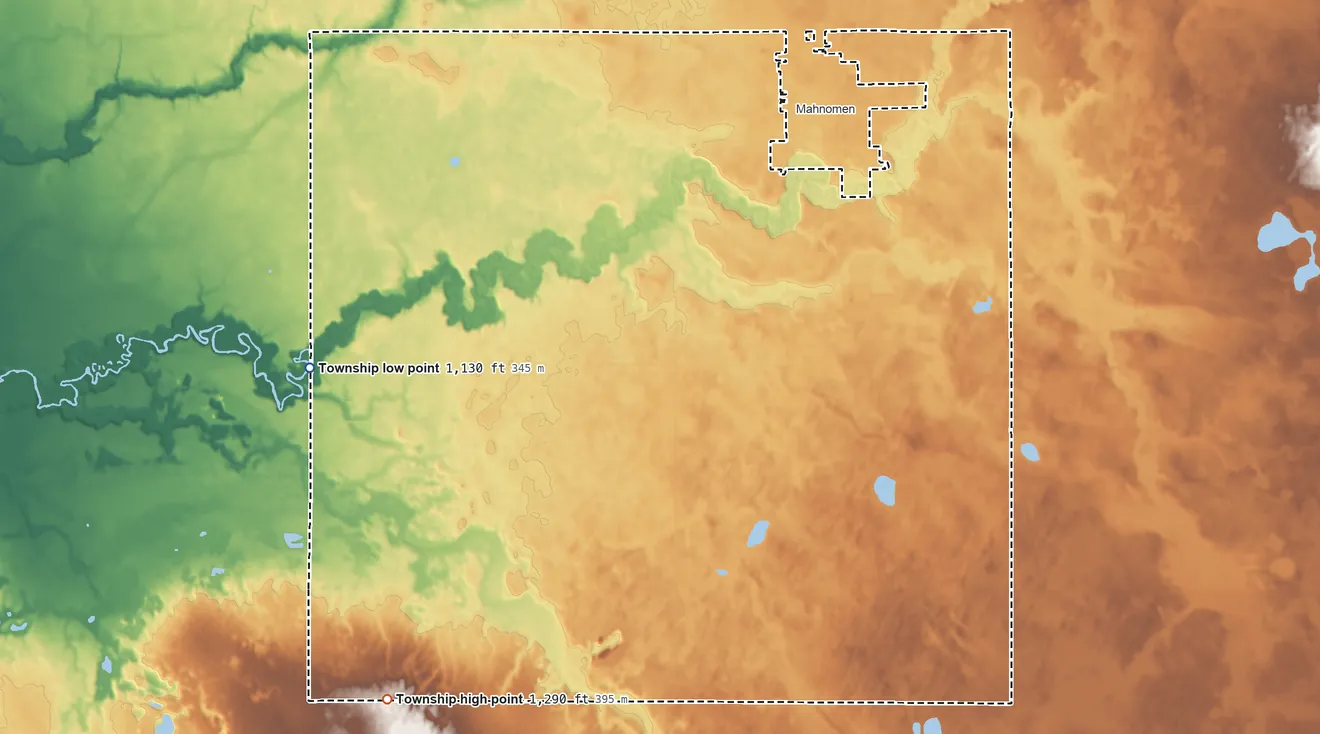 Topographic elevation map of Pembina Township, Minnesota, shaded from 1,130 ft on the west side to 1,290 ft on the southwest side