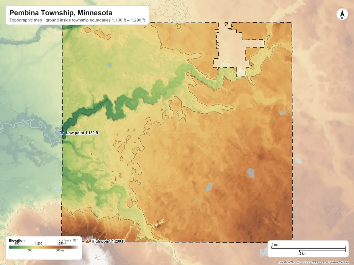 Topographic elevation map of Pembina Township, Minnesota, shaded from 1,130 ft on the west side to 1,290 ft on the southwest side