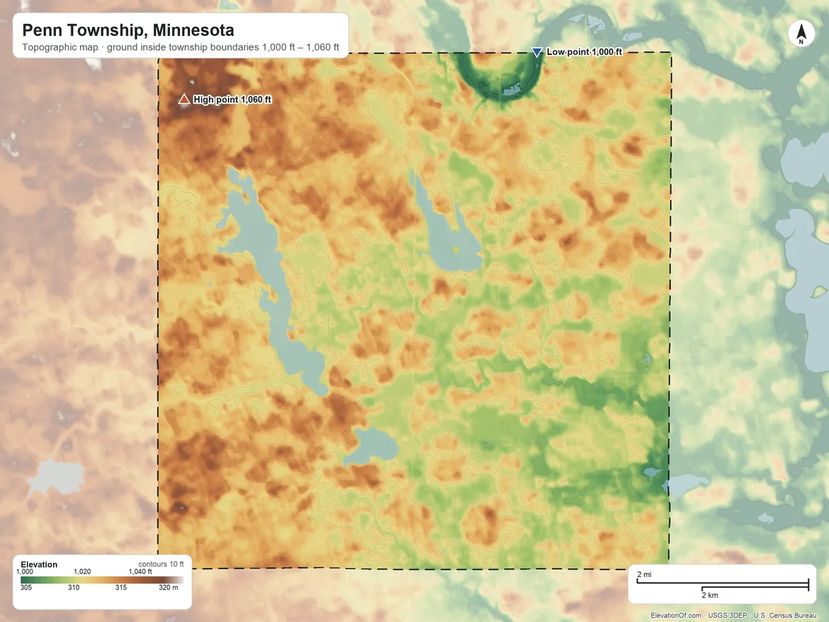 Topographic elevation map of Penn Township, Minnesota, shaded from 1,000 ft on the north side to 1,060 ft on the northwest side