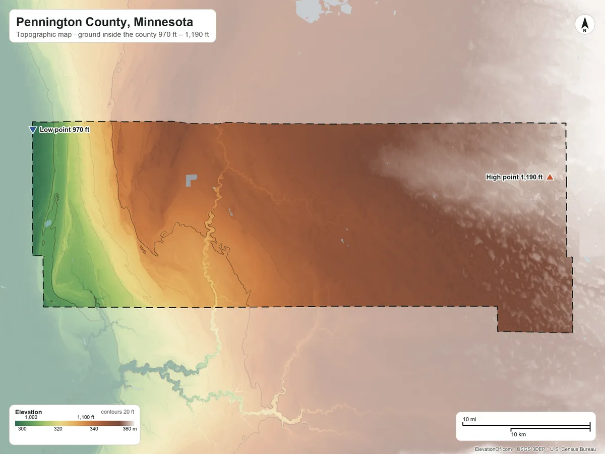 Topographic elevation map of Pennington County, Minnesota, shaded from 970 ft on the west side to 1,190 ft on the east side