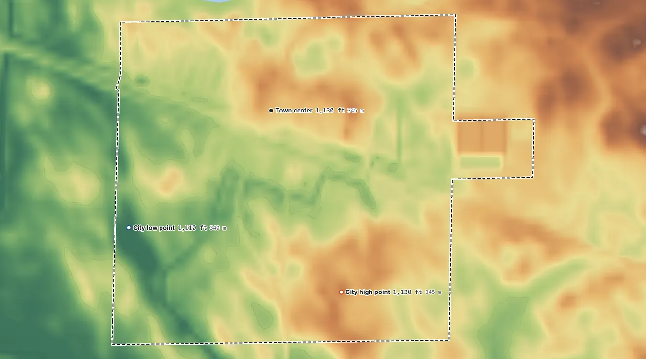 Topographic elevation map of Pennock, Minnesota, shaded from 1,110 ft on the southwest side to 1,130 ft on the south side