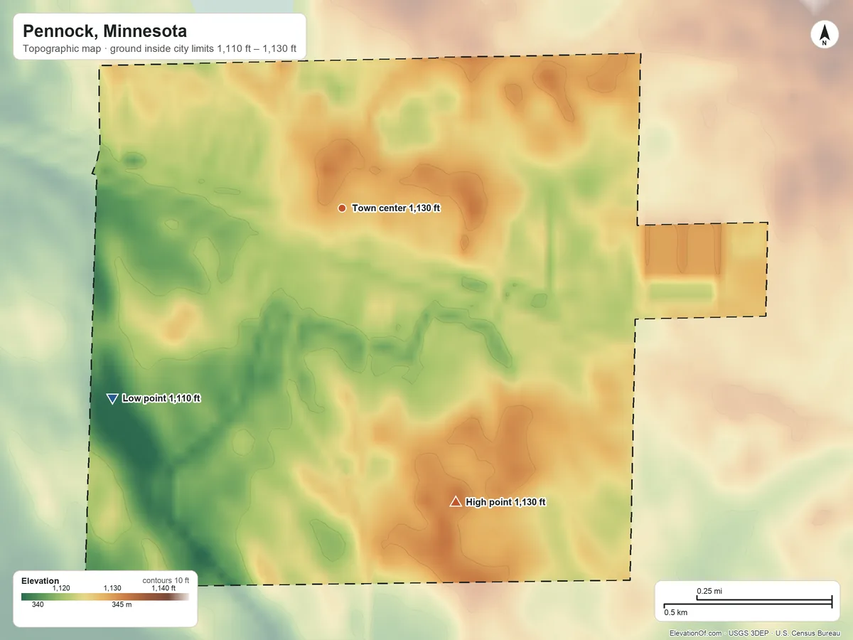Topographic elevation map of Pennock, Minnesota, shaded from 1,110 ft on the southwest side to 1,130 ft on the south side